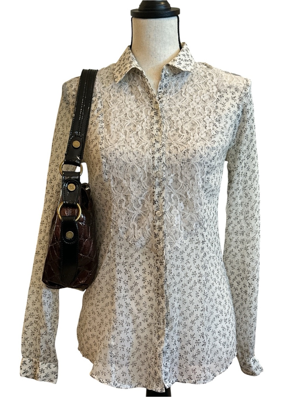 Free People All That Glitters Lace Button Down Blouse Top XS Coquette Boho Chic - Picture 10 of 10